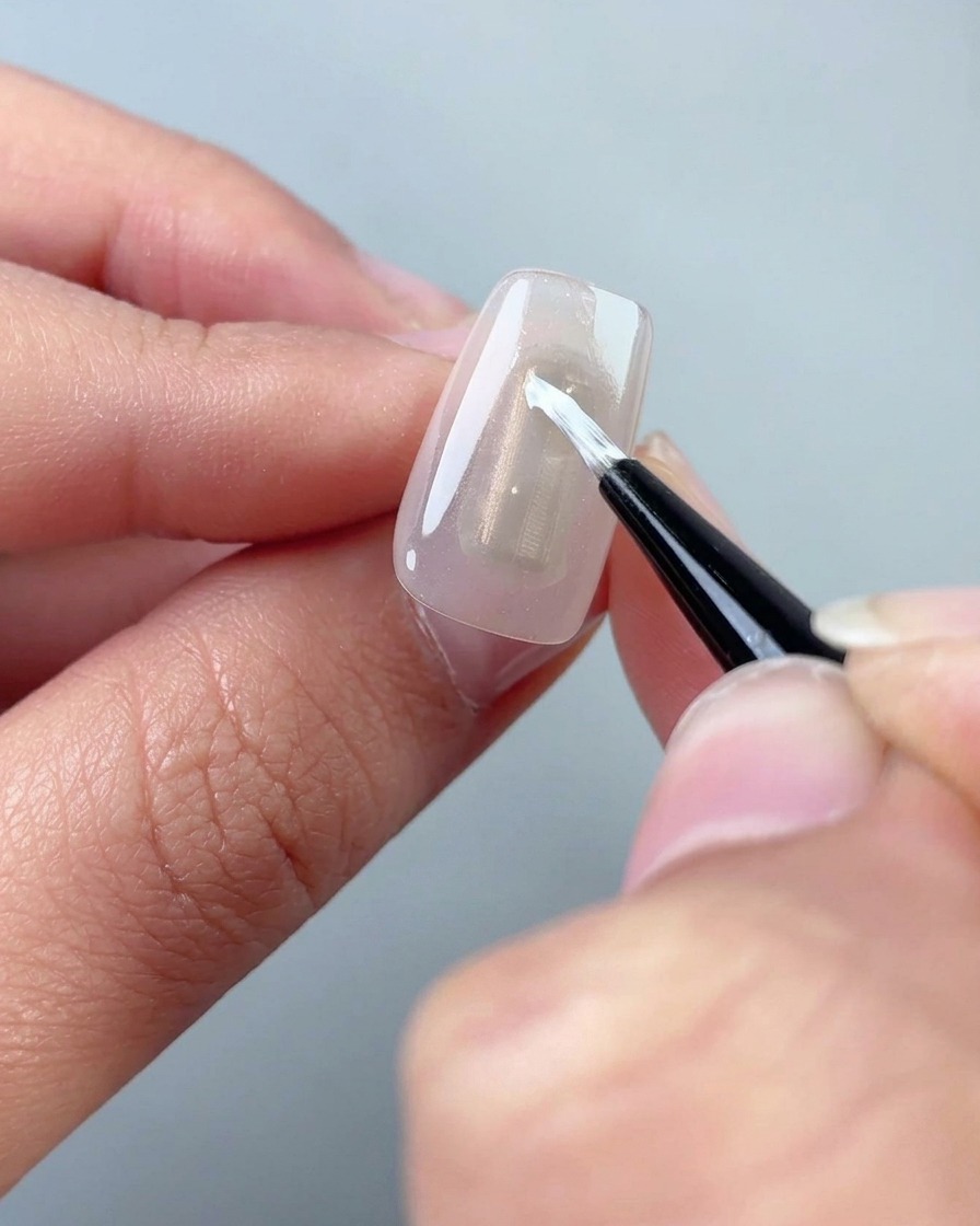 Gros plan dun pinceau fin appliquant du gel blanc pour former un pétale sur un ongle transparent.