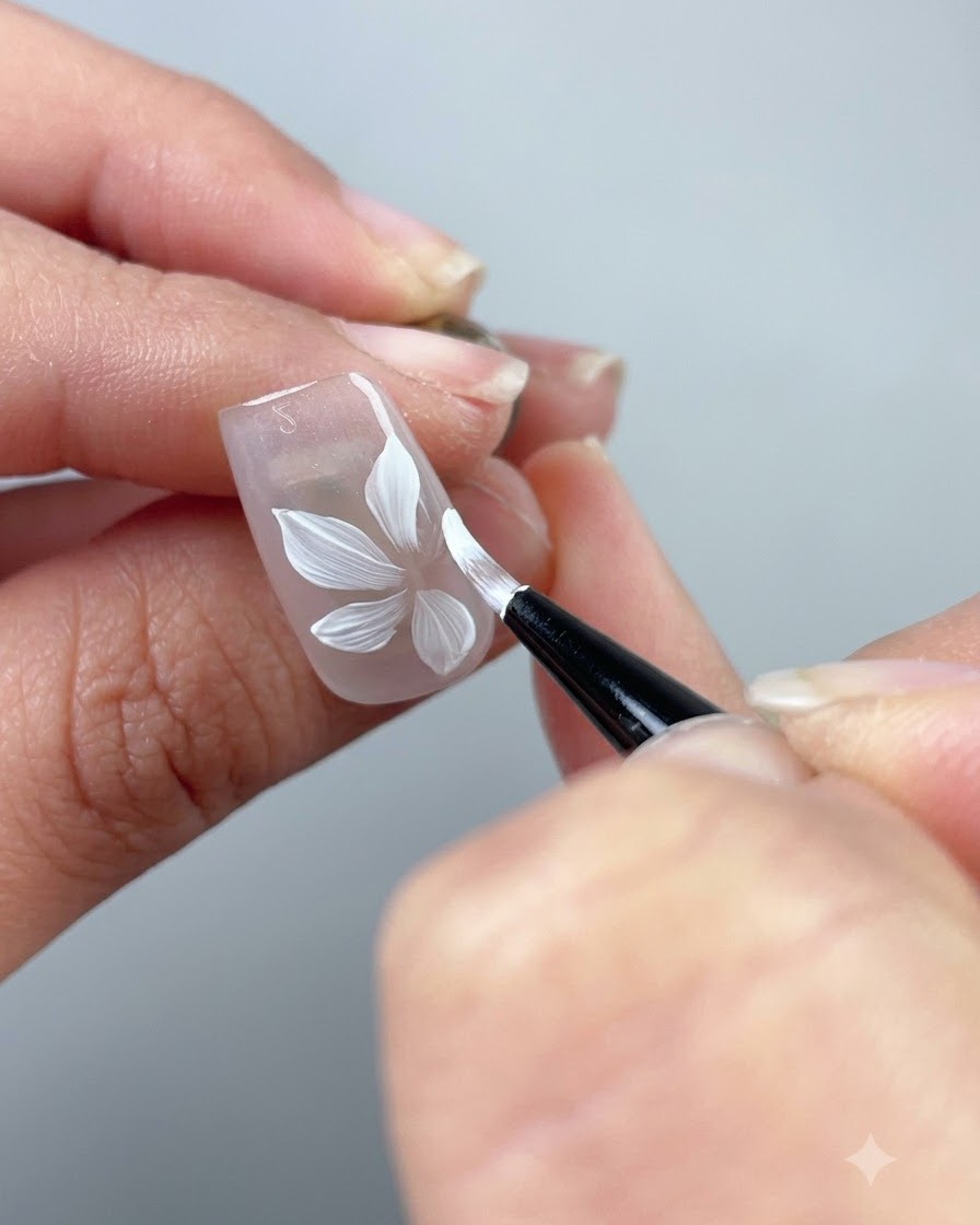 Gros plan dune fleur blanche à cinq pétales presque terminée, peinte sur un ongle transparent.