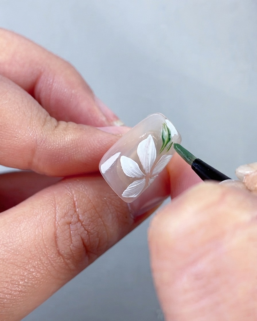 Vue rapprochée de la main dune prothésiste ongulaire utilisant un pinceau fin pour peindre de délicates feuilles vertes à côté des pétales de fleurs blanches sur un faux ongle.