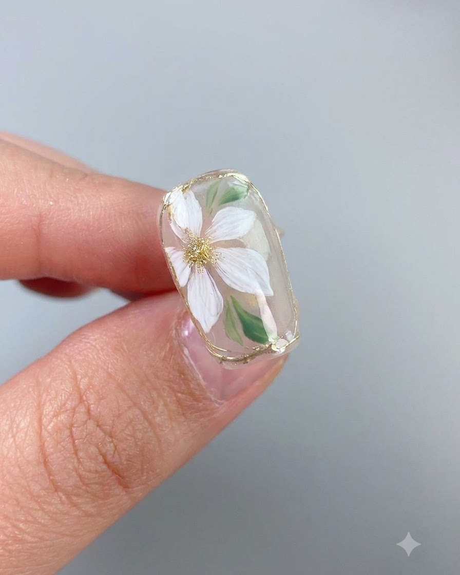 Un pinceau appliquant un top coat brillant final sur un design dongle floral fini comportant une fleur blanche et une bordure dorée.