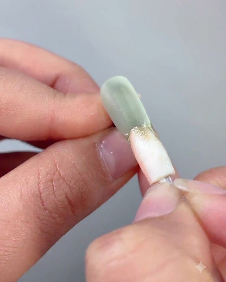 Un outil applicateur frottant de la poudre de chrome or clair sur le contour du périmètre en relief dun ongle en gel cat eye.
