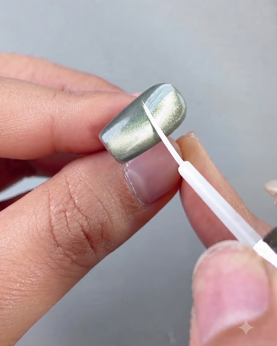 Un pinceau de détail fin appliquant du liquide blooming blanc en un balayage diagonal sur un ongle cat eye vert.