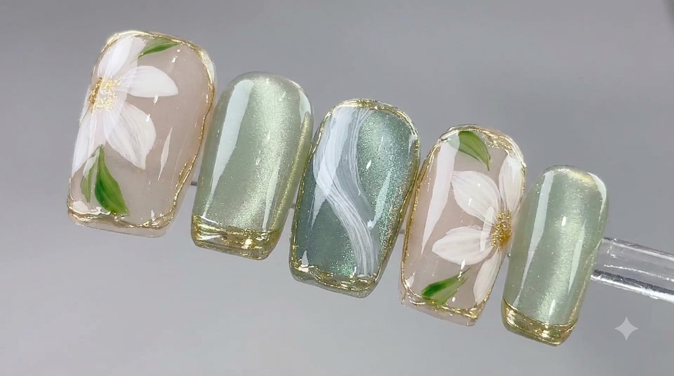 Art Ongulaire Fleurs de Thé Glacé Printemps — Élégant Cat Eye et Tutoriel Floral 3D