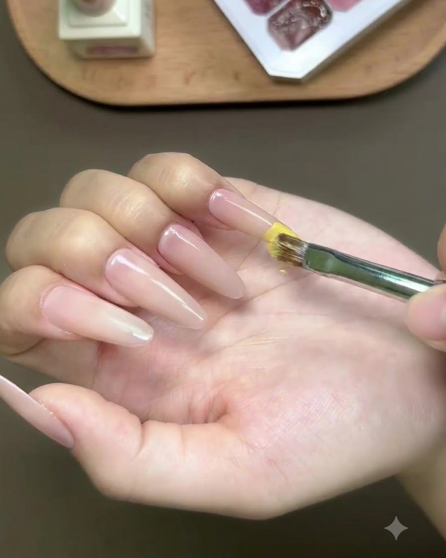 Un pinceau appliquant du vernis gel jaune sur le bout dun long ongle en forme damande.