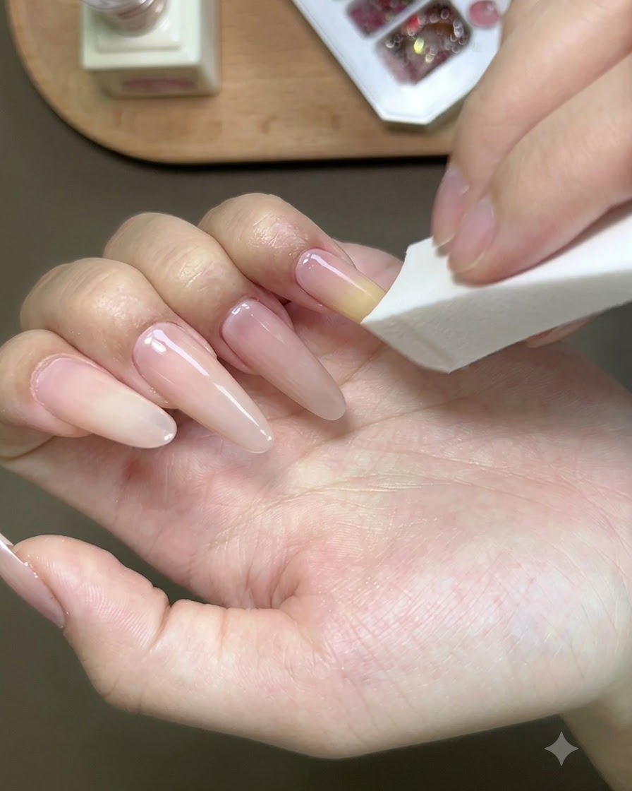 Une éponge blanche tapotant délicatement le bout en gel jaune pour créer un fondu ombré sur longle.