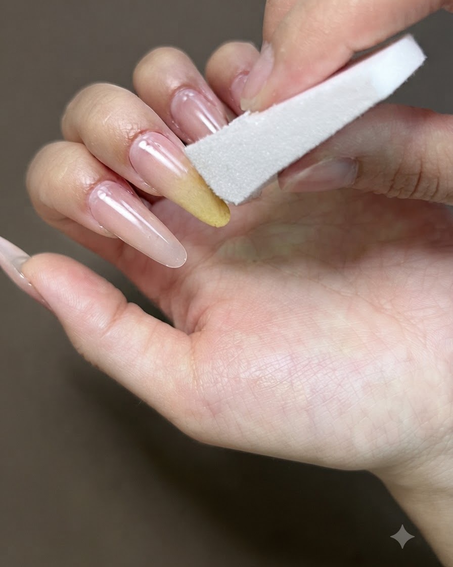 Une éponge utilisée pour estomper le gel jaune sur un onglet pour un effet ombré.
