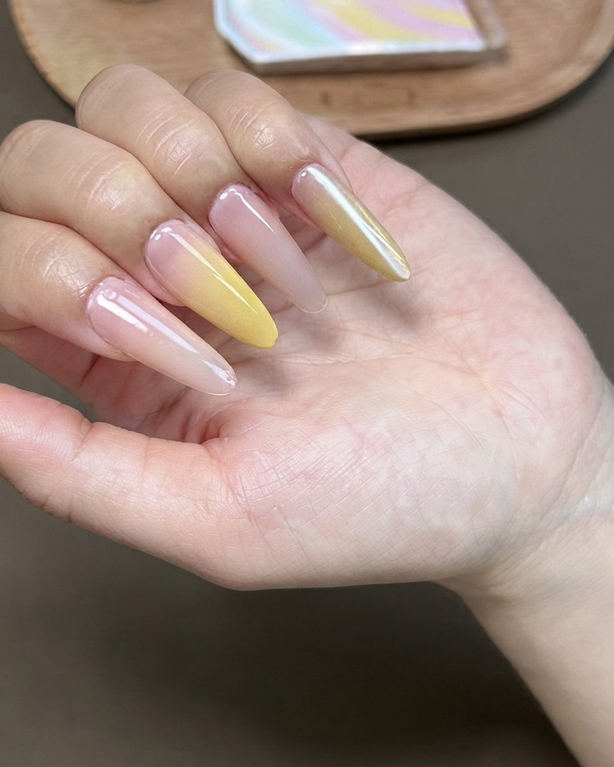 Un outil aimanté tenu au-dessus dun ongle manucuré pour manipuler le vernis gel cat-eye.