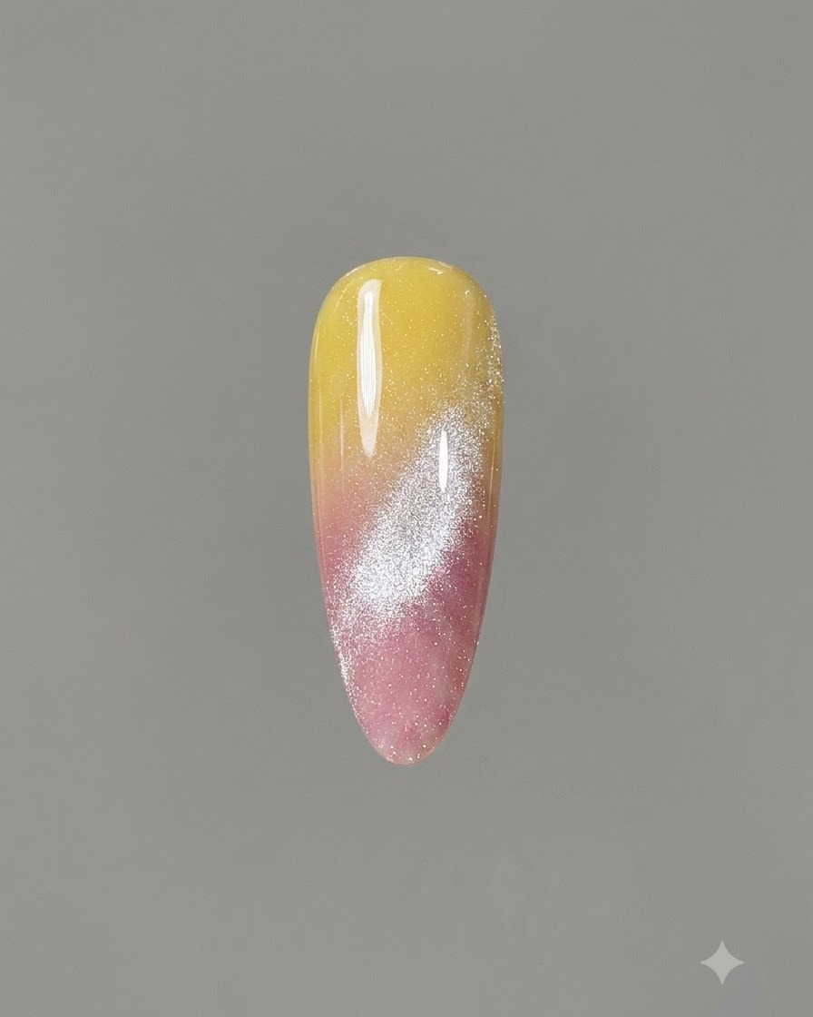 Gros plan dun seul ongle montrant un effet de vernis cat-eye avec une strie lumineuse brillante.