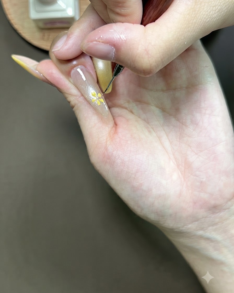 Une main reposant à lintérieur dune lampe à ongles UV pour catalyser le nail art floral fraîchement peint.
