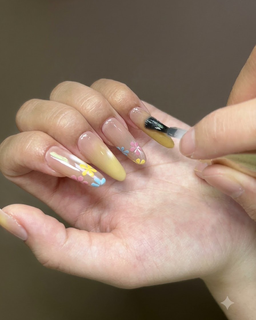 Un pinceau à ongles appliquant un top coat transparent sur un ongle dannulaire décoré.