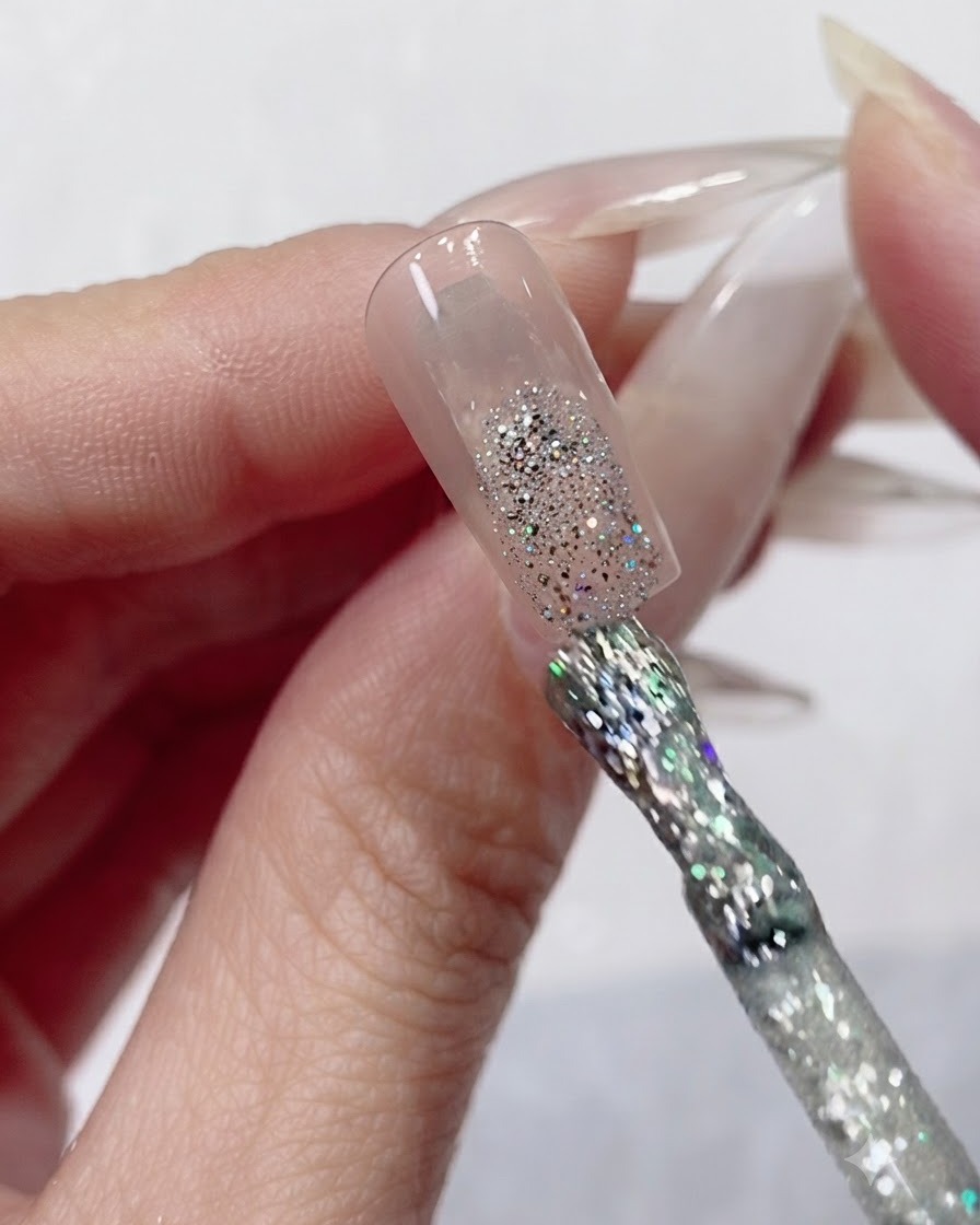 Un pinceau de vernis gel déposant des paillettes holographiques argentées épaisses sur le bout dune extension dongle transparente.