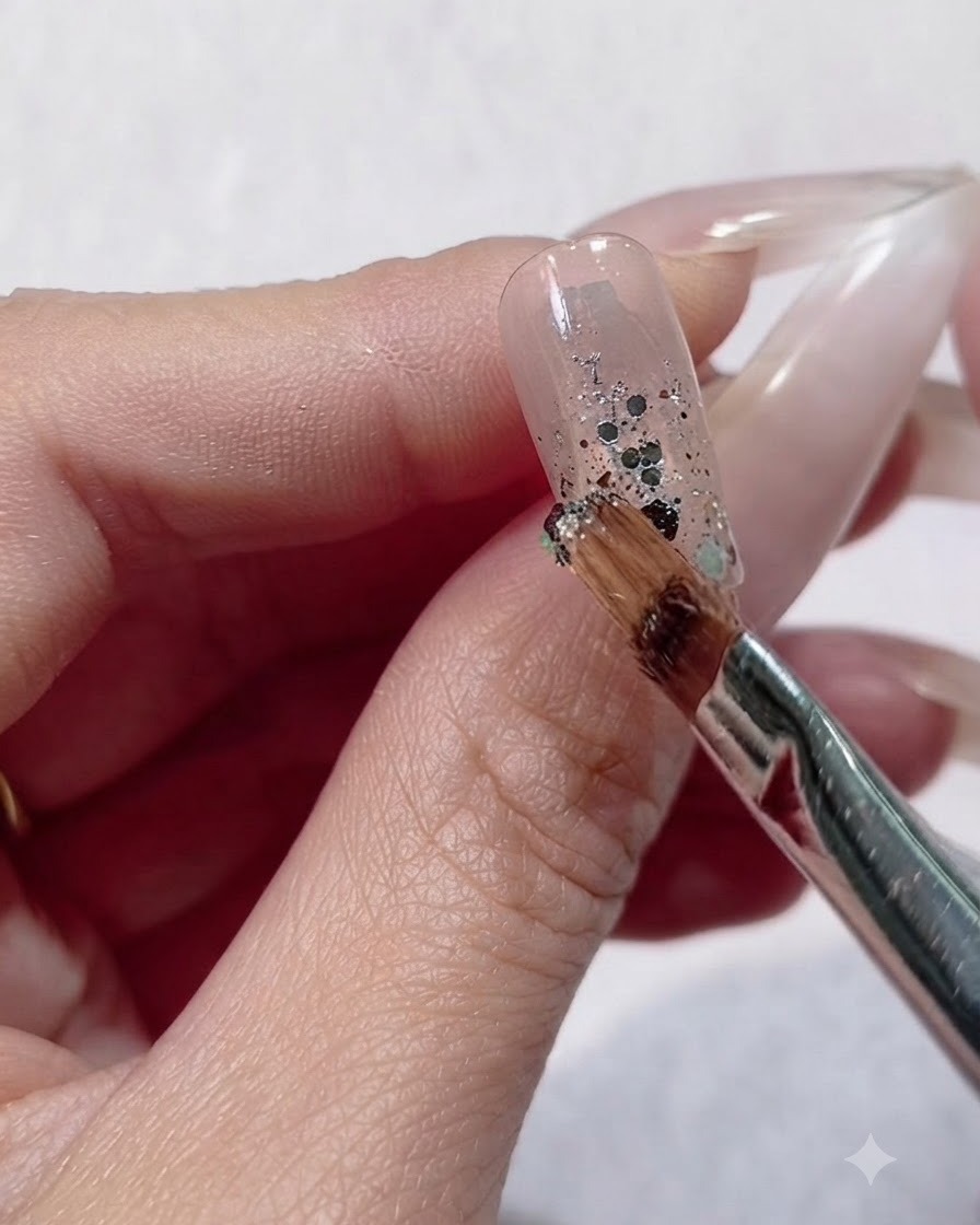 Le coin dun pinceau gel plat tapotant de petits sequins pailletés pour sassurer quils reposent à plat contre la surface de longle.