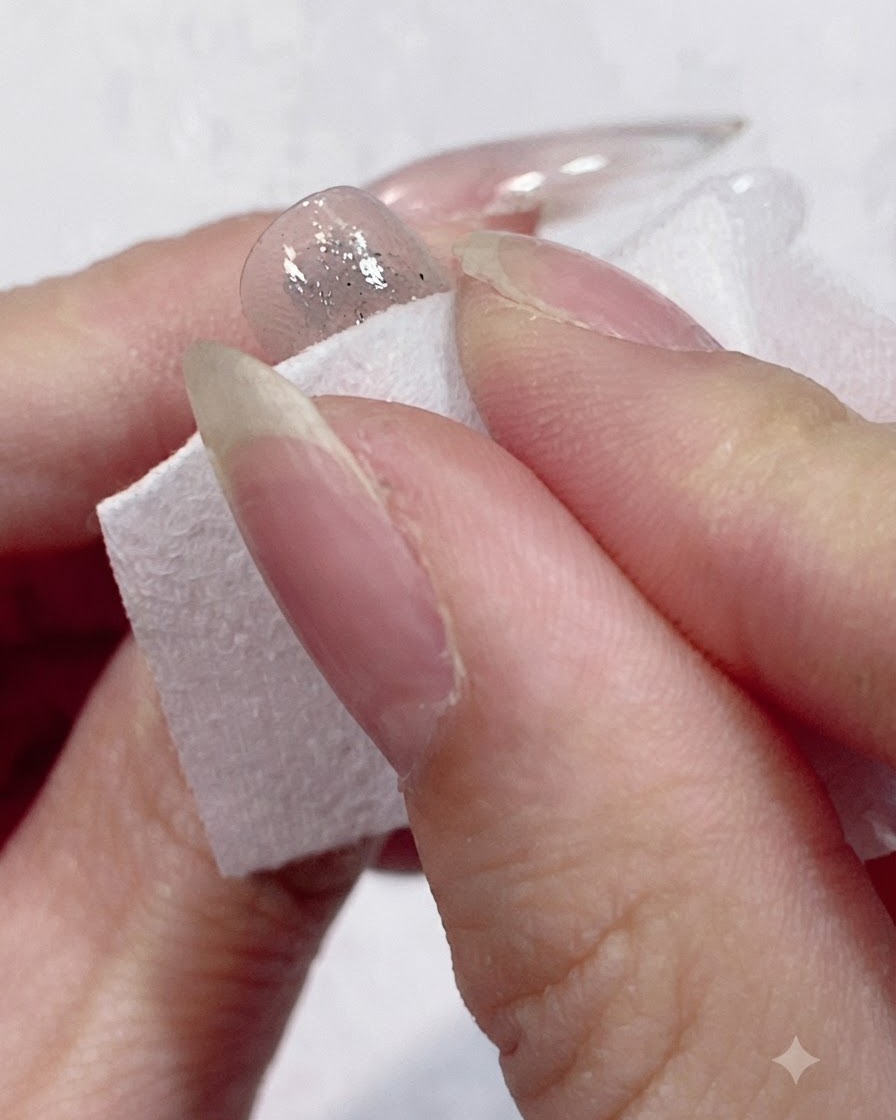 Une lingette non pelucheuse pressée contre un ongle catalysé pour nettoyer le résidu collant.