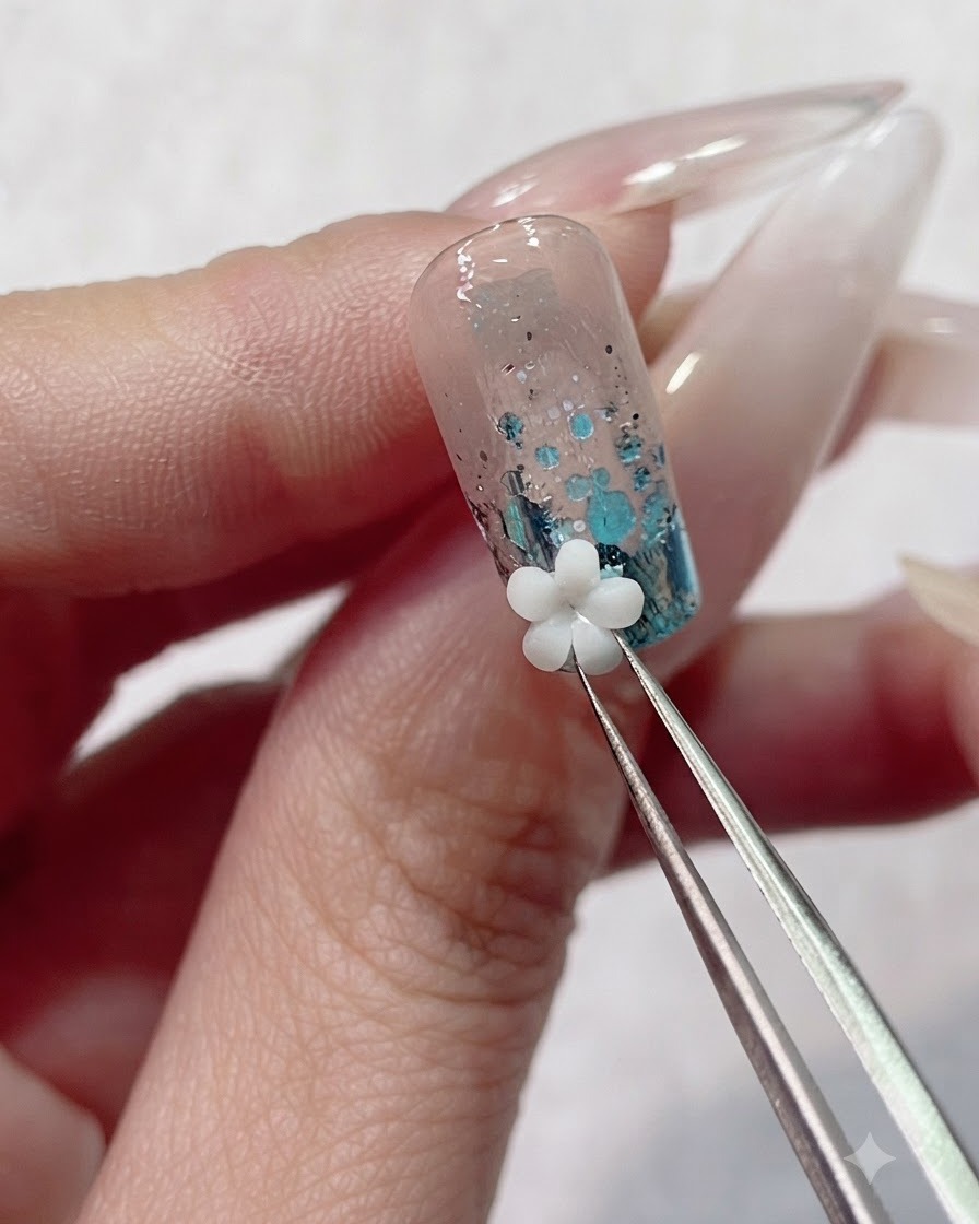 Une pince de précision plaçant un charm de fleur acrylique 3D blanc sur le gel humide près de la cuticule de longle.