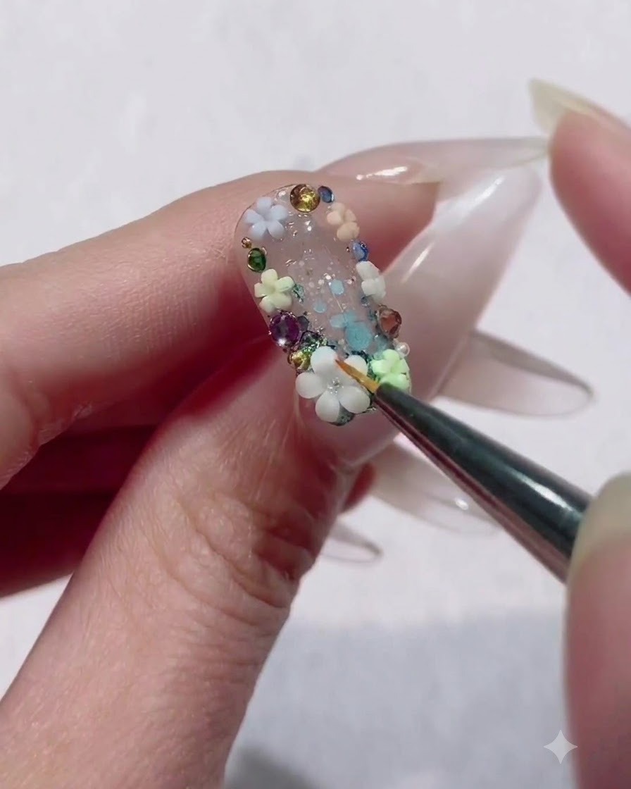 Gros plan dun pinceau liner fin déposant de la colle à strass transparente au centre dune fleur 3D blanche fixée sur un ongle.