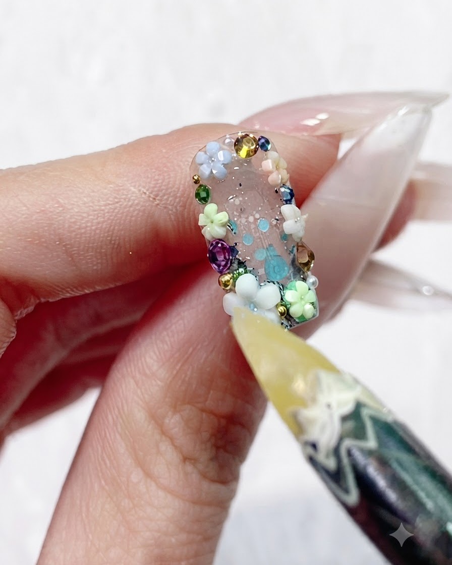 Gros plan dun outil plaçant de minuscules micro-billes dorées au centre dune fleur 3D sur un ongle décoré.