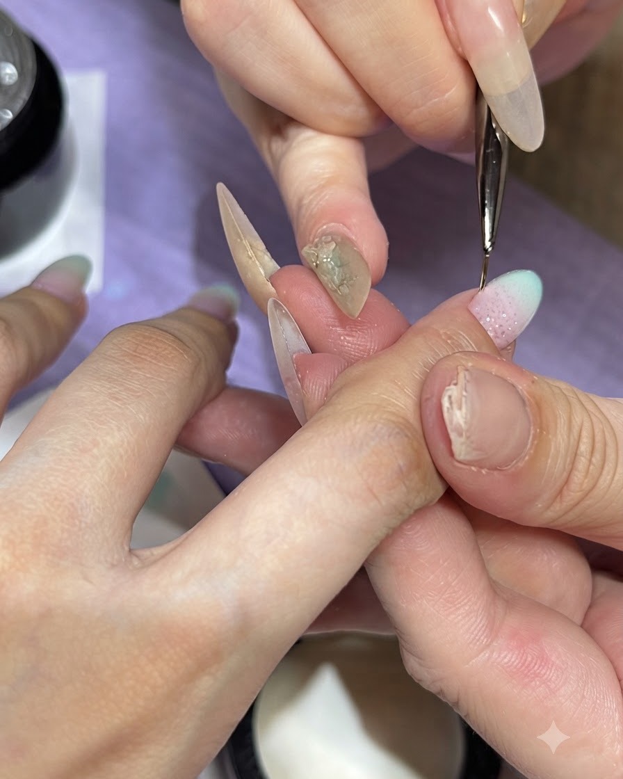 Un pinceau fin trace et applique un top coat transparent sur le nail art réalisé.