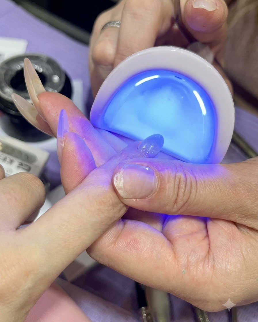 Une main fait catalyser un ongle en gel sous une mini lampe UV/LED bleue portative.