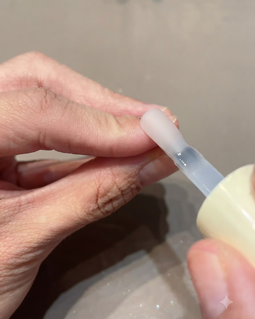 Un pinceau appliquant une couche de top coat mat sur longle en gel nude.