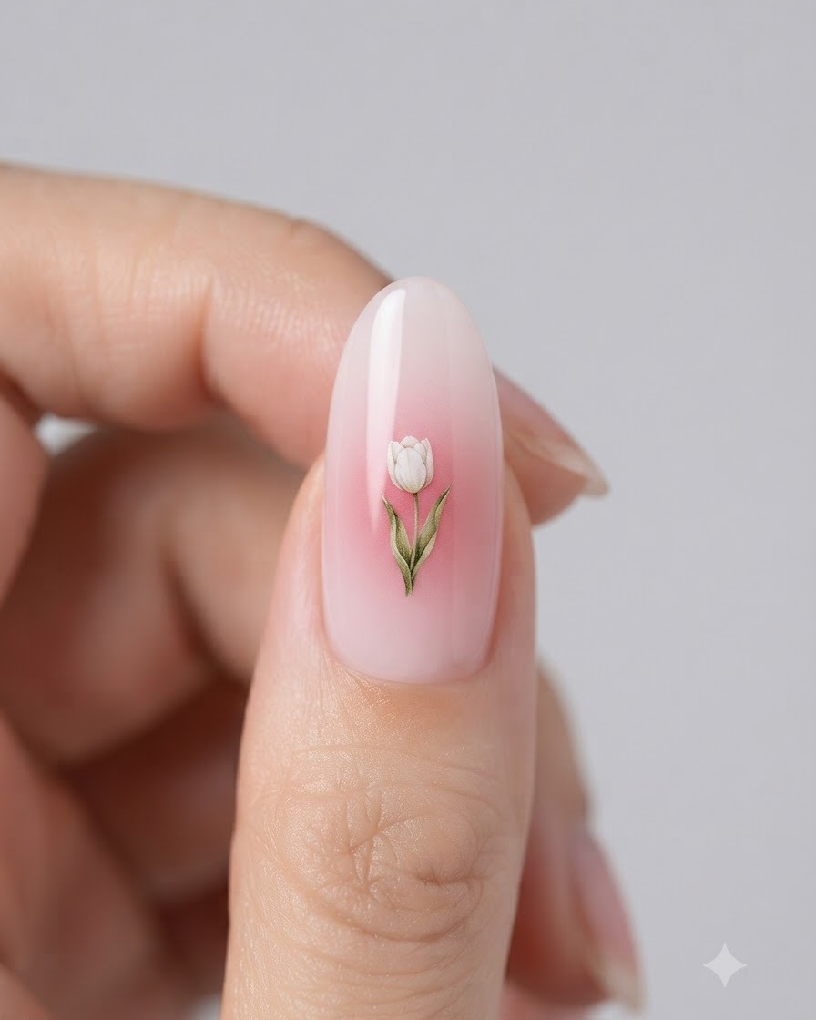 Gros plan sur un ongle en forme damande doté dun fond en dégradé rose blush et dun sticker tulipe blanche détaillé au centre.