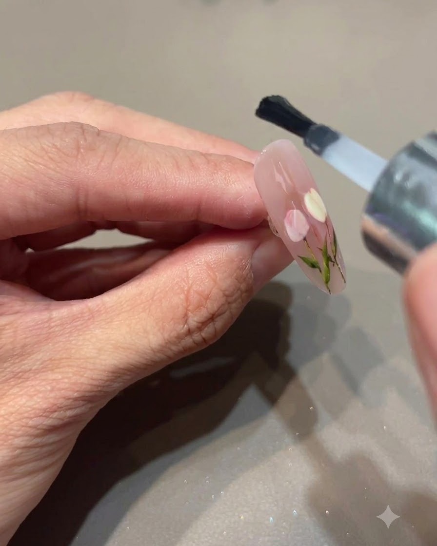 Un pinceau à ongles appliquant une couche de top coat brillant sur un ongle fini présentant des designs floraux peints et en 3D.