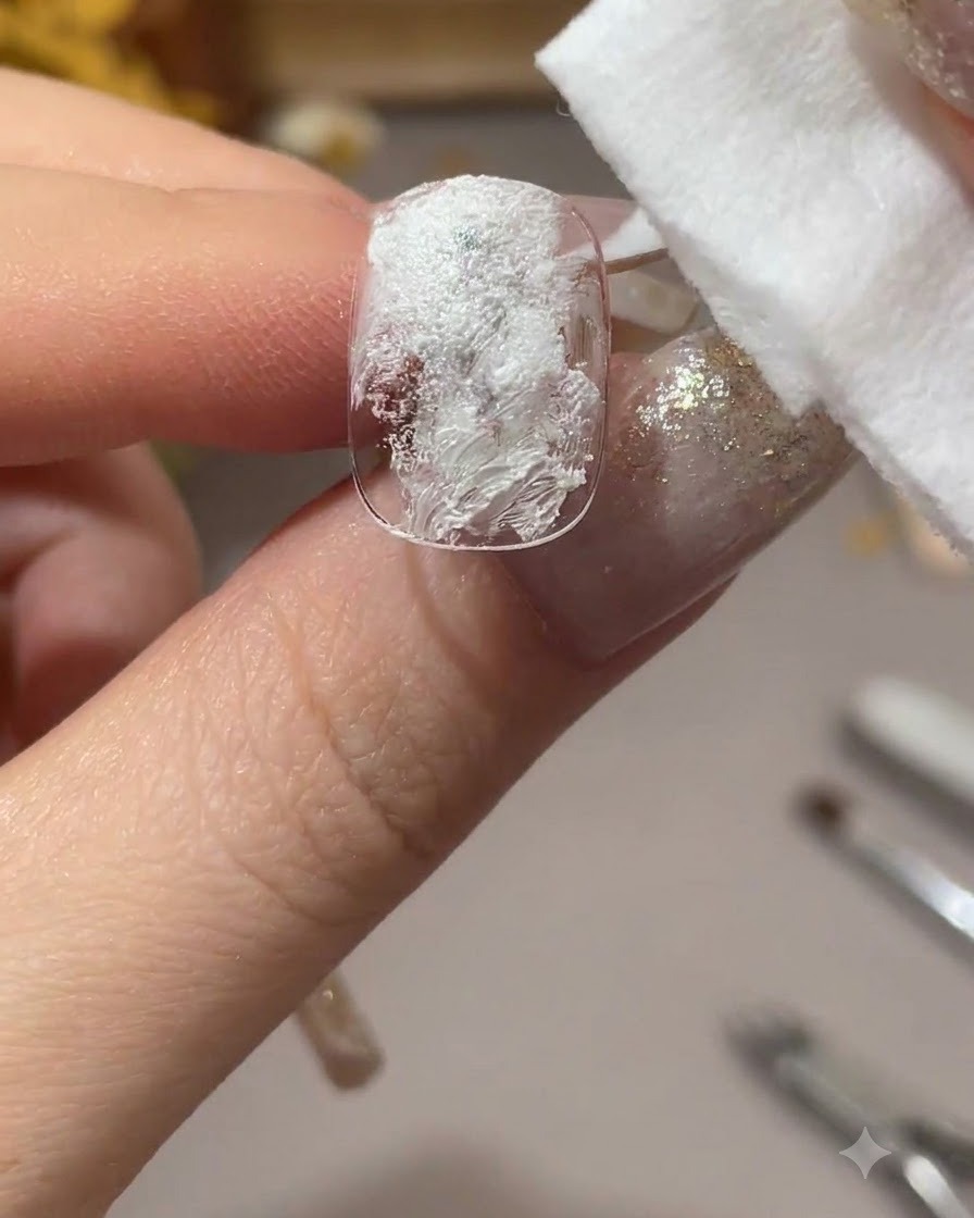 Un coton sec pressé sur un ongle recouvert de gel blanc pour créer de la texture.