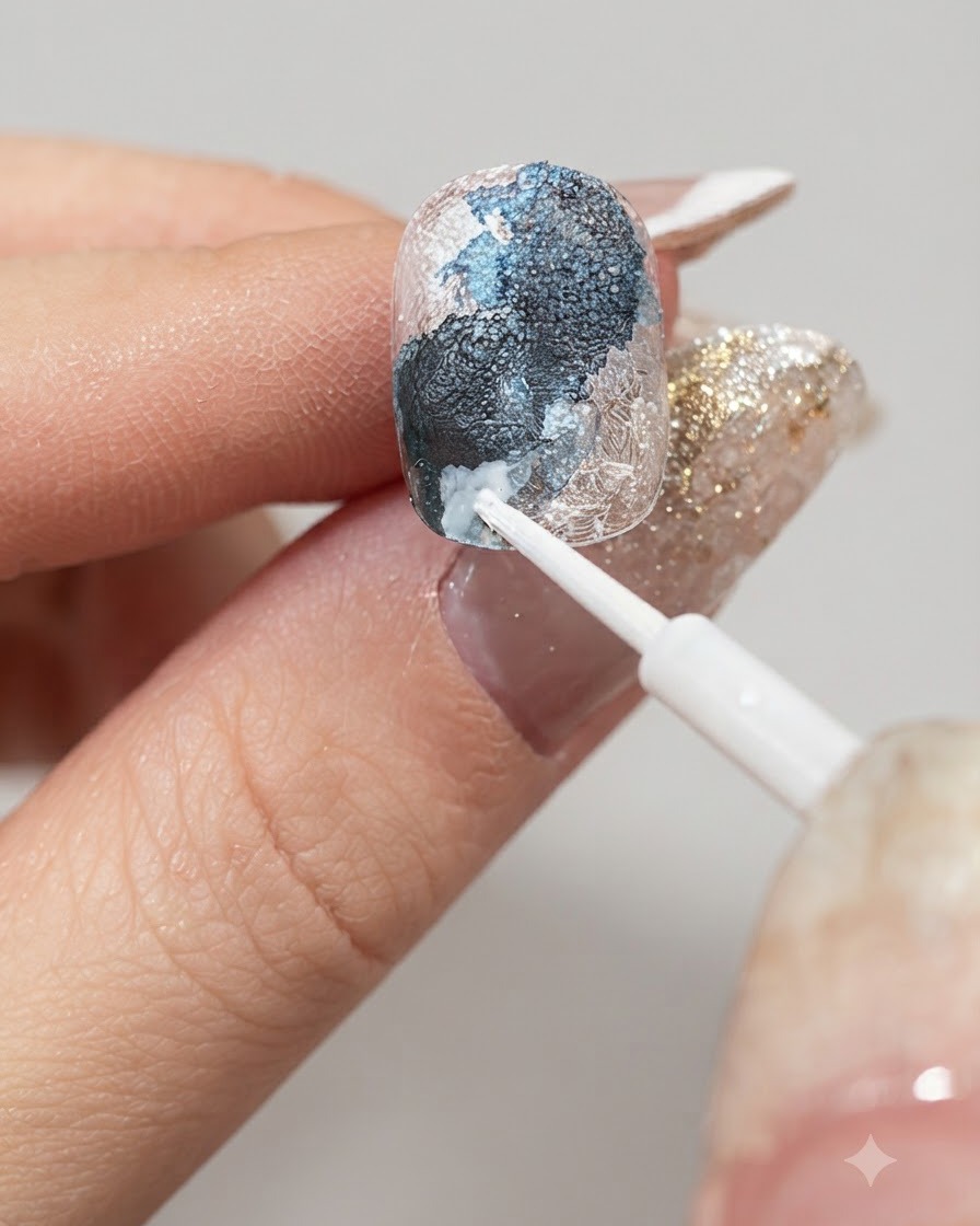 Un pinceau fin appliquant de lencre de diffusion blanche le long des zones bleues sur un ongle.