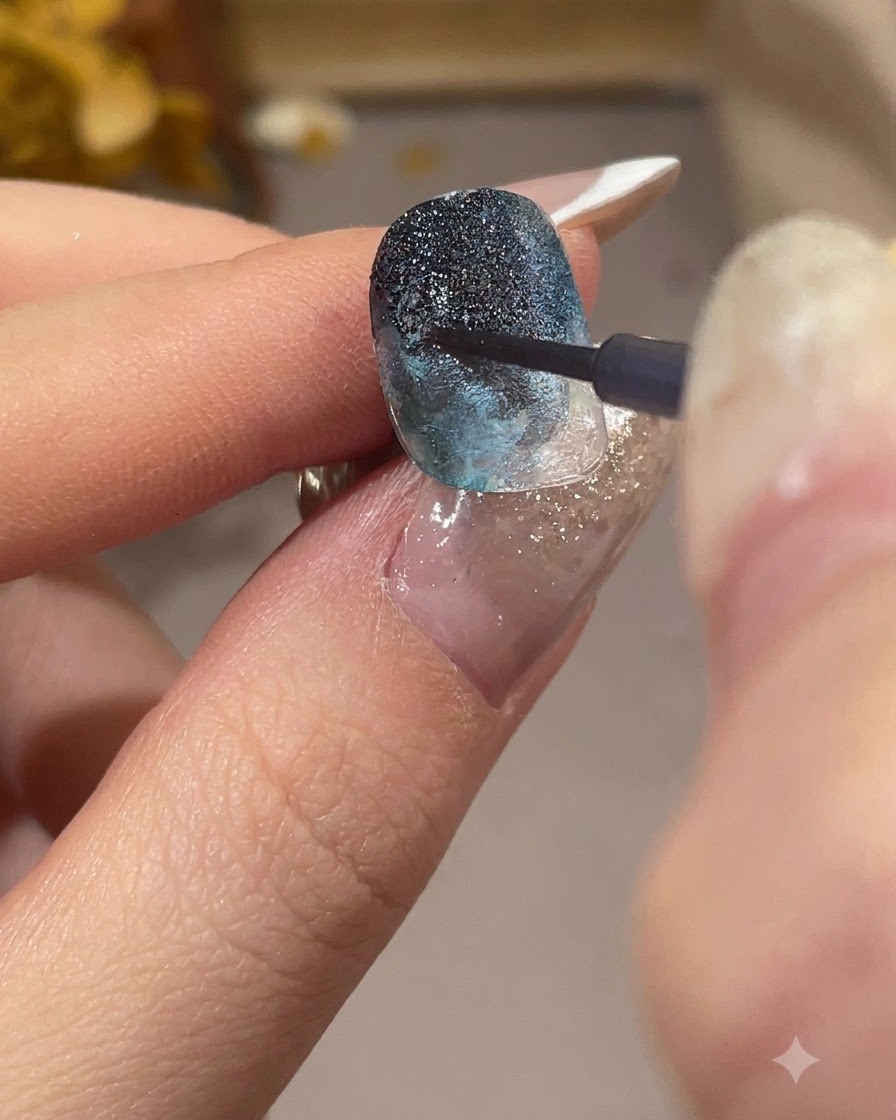 Vue rapprochée dun pinceau appliquant un liquide pailleté nacré étincelant au centre dun design dongle bleu.