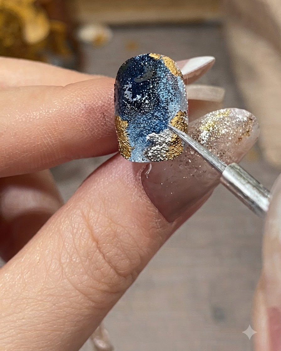 Gros plan dun pinceau de détail appliquant un liquide métallique argenté le long des bords texturés dun design dongle bleu et doré.