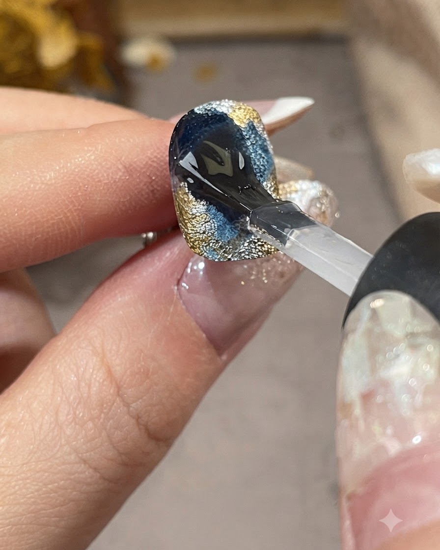 Un pinceau appliquant une couche de finition transparente et brillante sur un design dongle galaxie bleu, doré et argenté achevé.