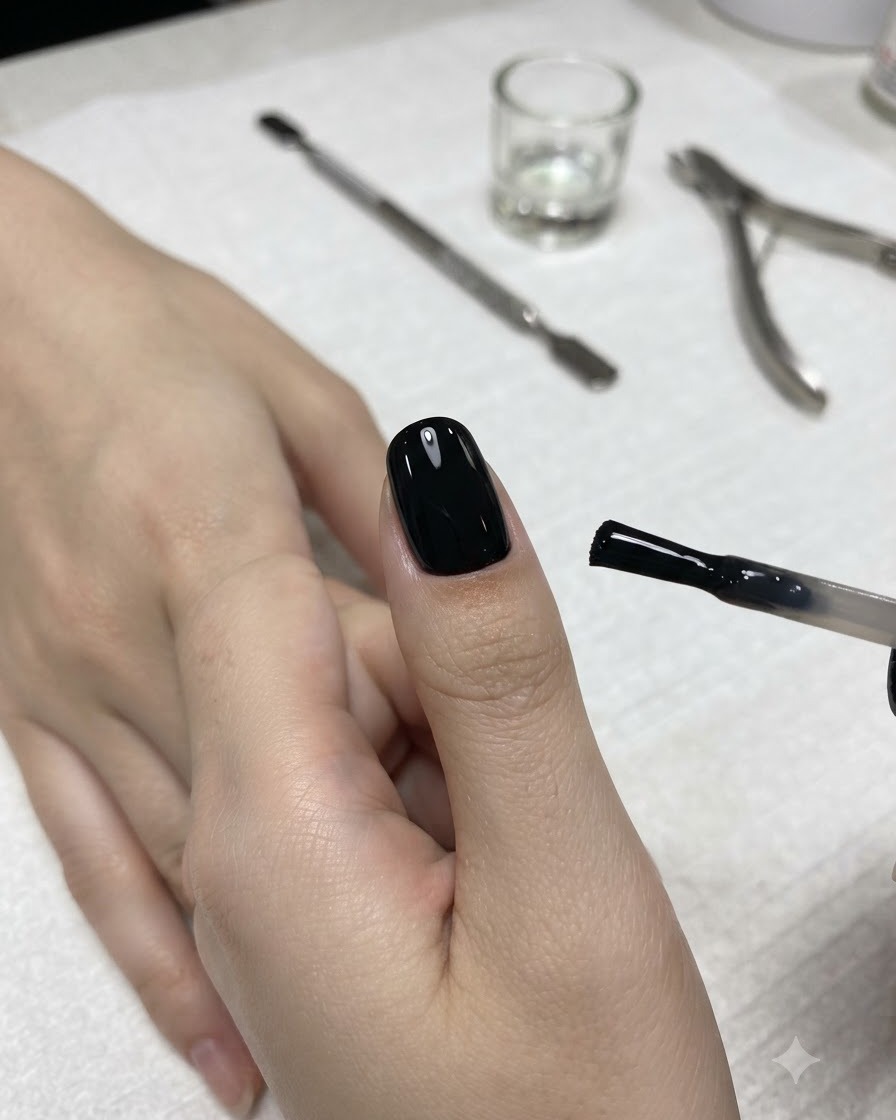 Un bloc-éponge utilisé pour estomper le bord dune application de gel noir sur un ongle.