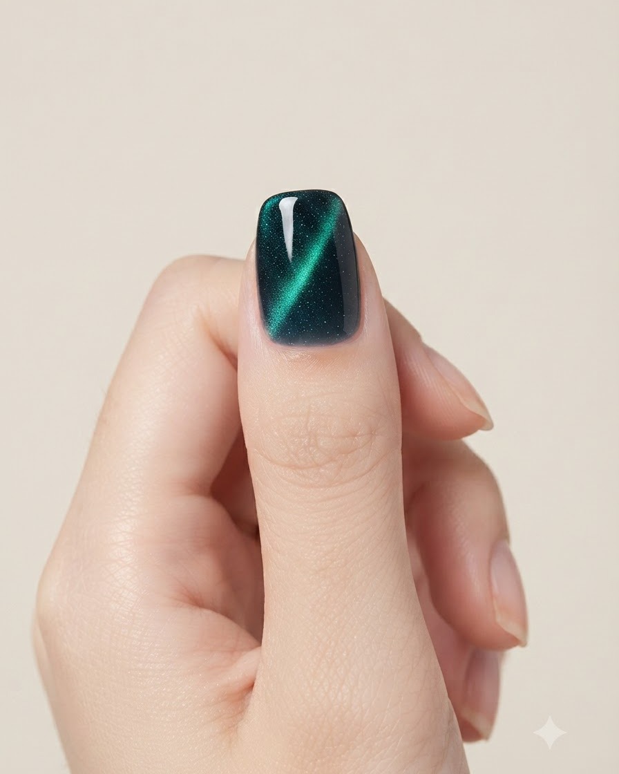 Un outil magnétique sphérique survolant un ongle en gel cat-eye sarcelle humide.