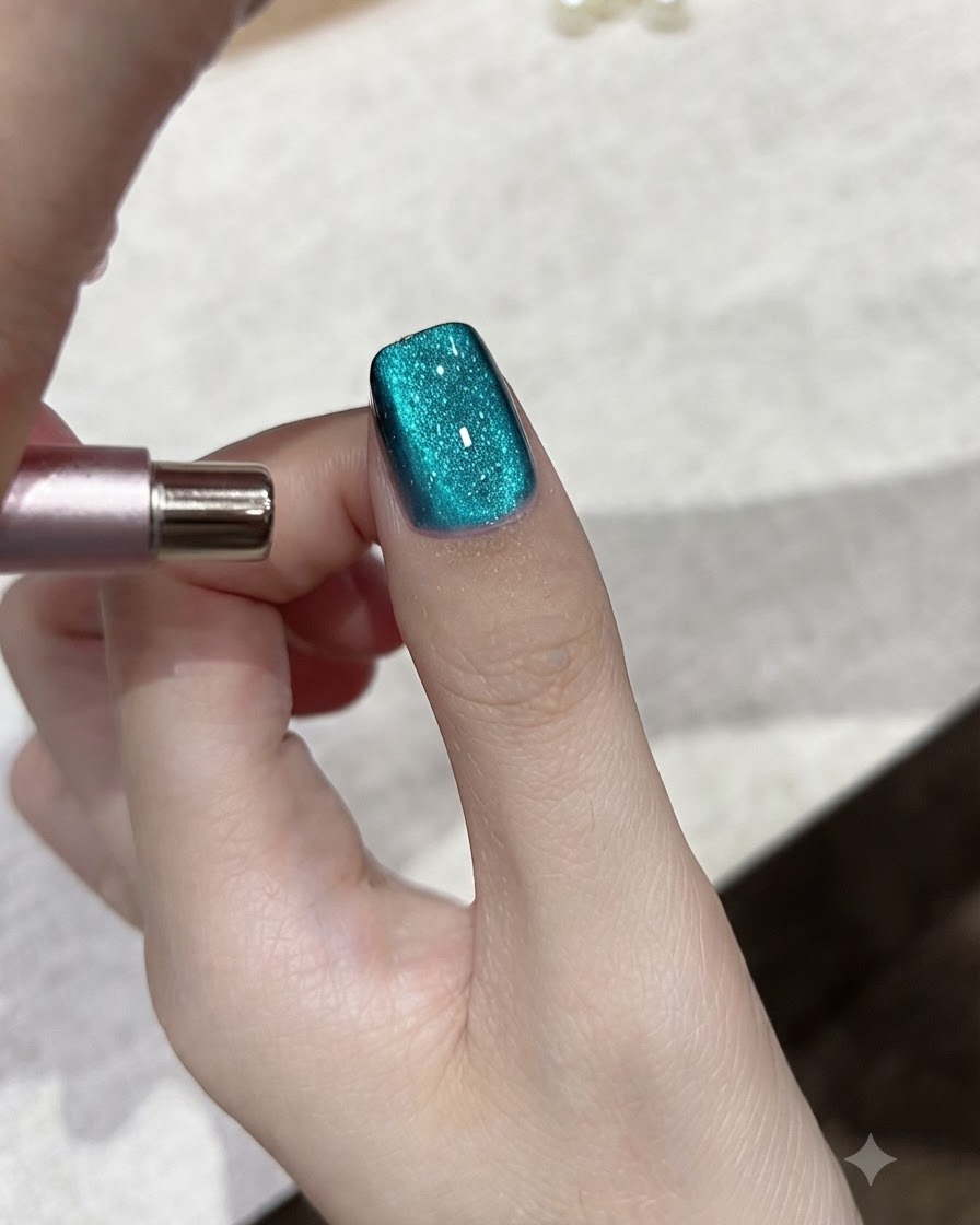Un outil magnétique ajustant le reflet de la lumière sur un ongle en gel cat-eye bleu sarcelle.