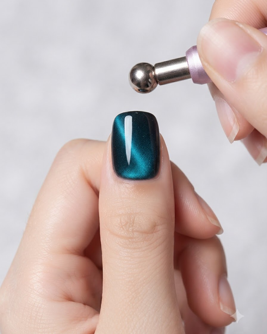 Une baguette doutil magnétique avec un embout sphérique en métal survolant un ongle en gel cat-eye sarcelle pour façonner les particules magnétiques.