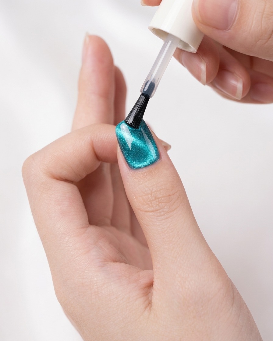 Un pinceau appliquant une couche de finition transparente et brillante sur un ongle cat-eye galaxie turquoise chatoyant.