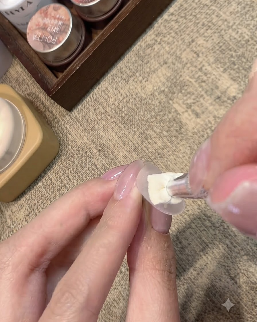 Un pinceau appliquant une couche de gel nude laiteux sur un support dongle transparent.