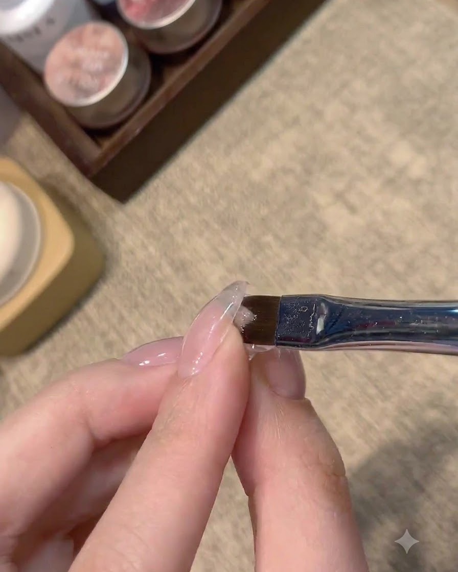 Un pinceau plat de nail art reposant contre une surface dongle nude translucide catalysée.