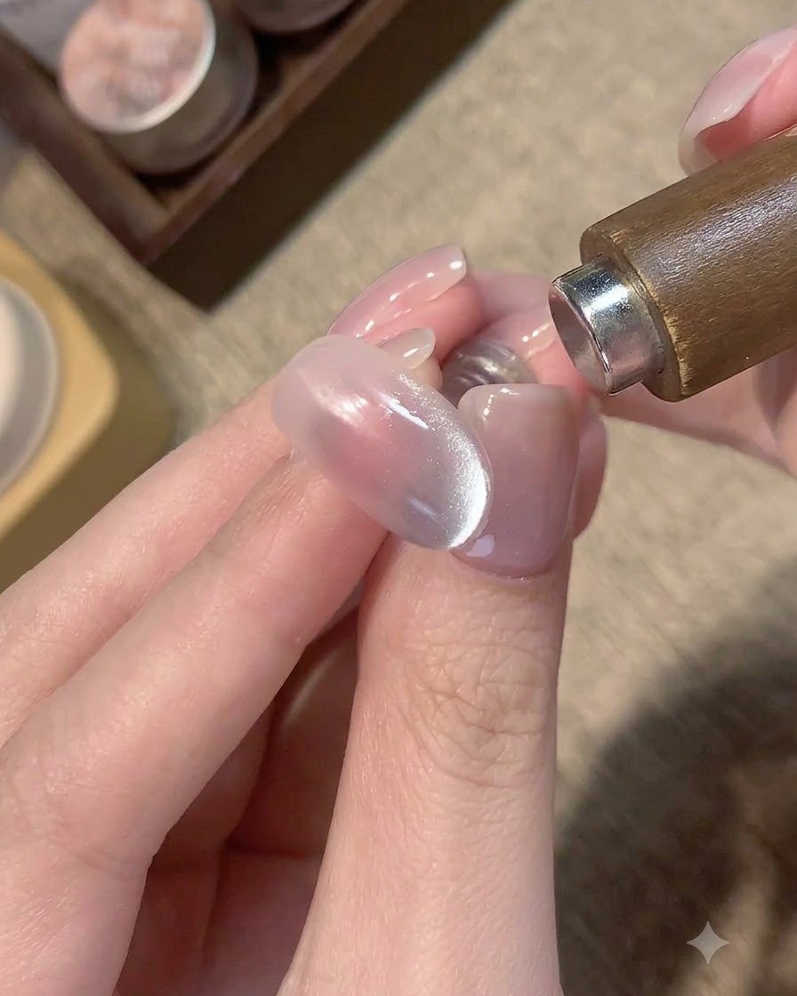 Un outil magnétique tenu près du côté dun ongle pour manipuler leffet de nacre cat-eye bleu.