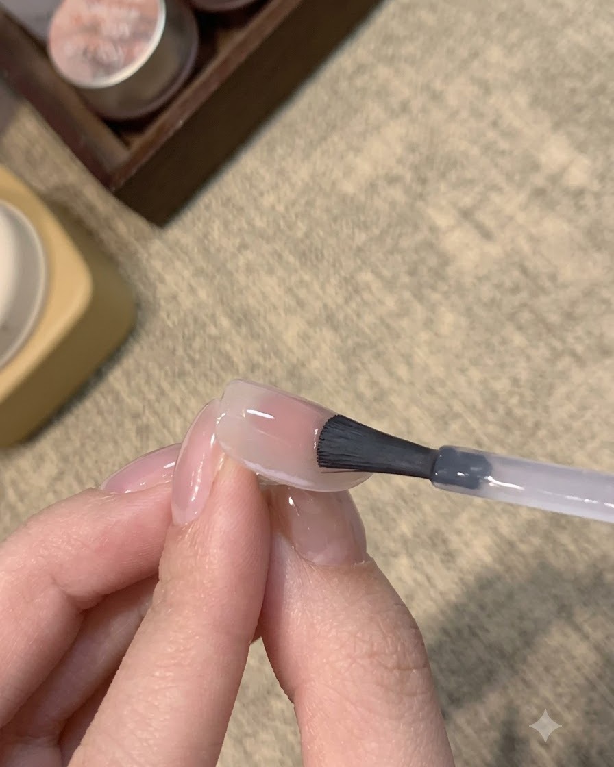 Un pinceau appliquant une couche de finition transparente sur un ongle cat-eye rose et bleu brillant.