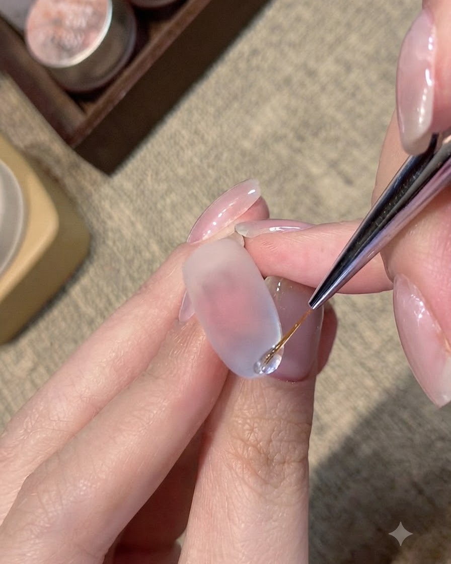 Un pinceau fin de nail art appliquant une ligne brillante et surélevée de gel transparent sur le bord libre dun ongle mat à reflet bleu.