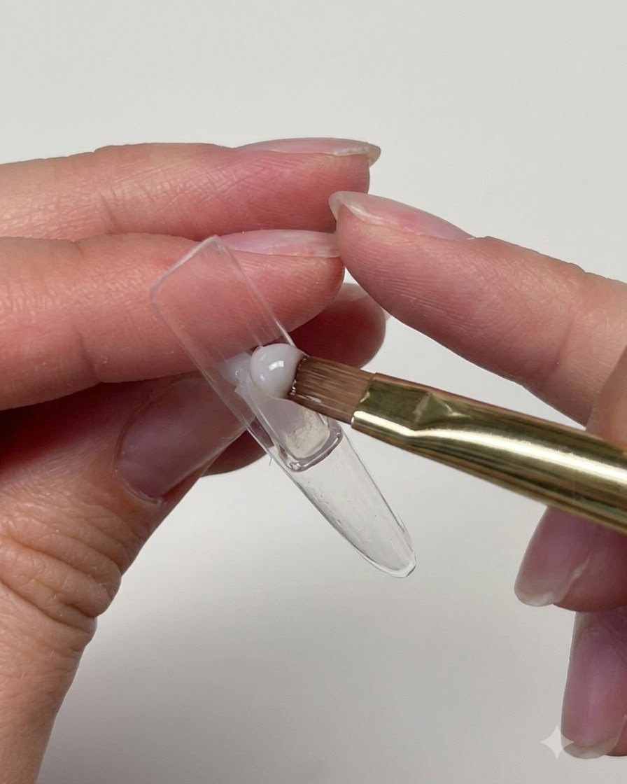 Gros plan dun pinceau plat appliquant du gel transparent sur la face creuse intérieure dune longue capsule dongle transparente.