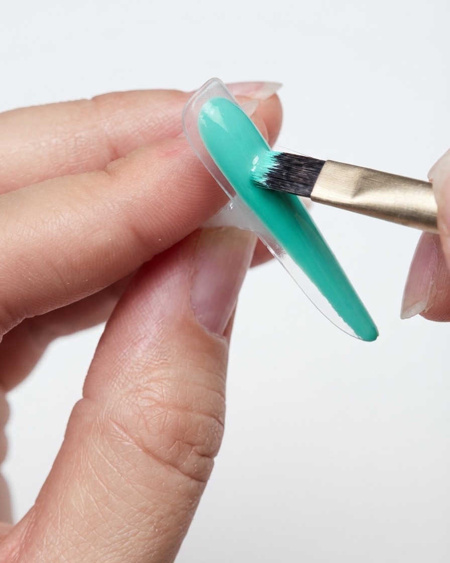 Un pinceau appliquant délicatement du gel de couleur vert menthe le long du bord inférieur et du dessous dune capsule dongle transparente.