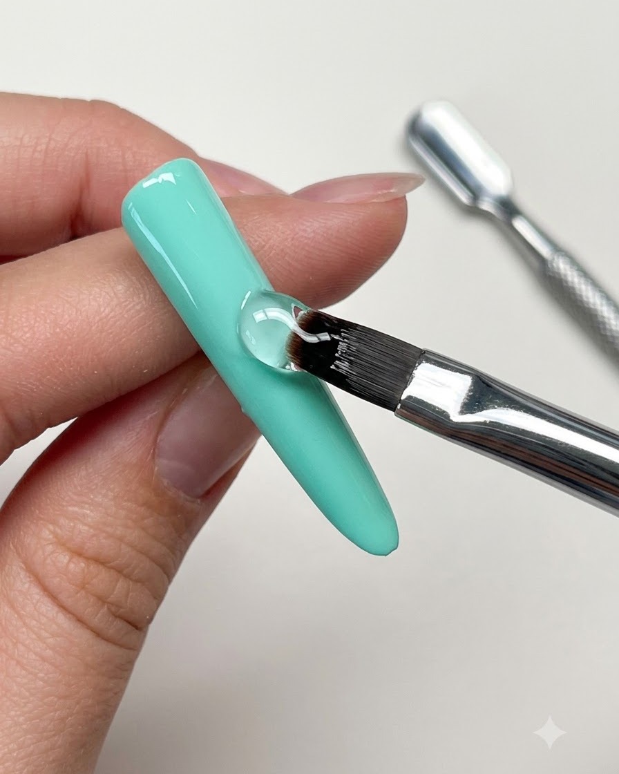 Un pinceau à gel lissant uniformément un gel de renfort transparent sur la plaque dun ongle vert menthe.