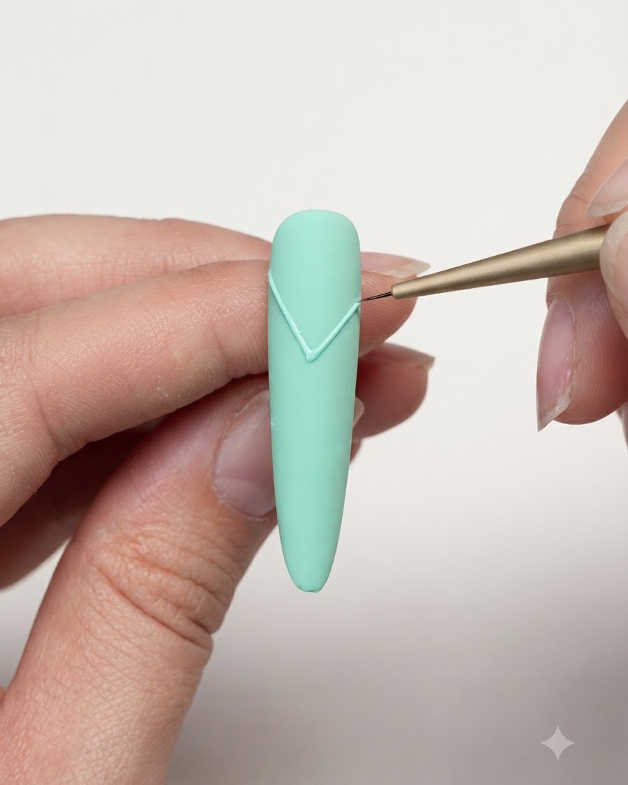 Un pinceau fin trace une ligne diagonale précise pour former une forme détoile sur un ongle vert menthe mat.