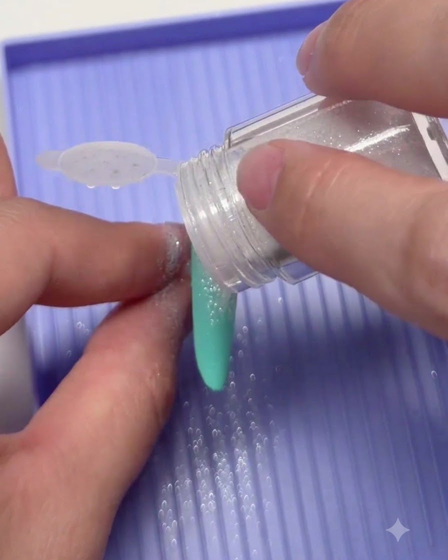 De la poudre de paillettes de sucre blanc versée directement à partir dun pot sur un design dongle vert menthe.