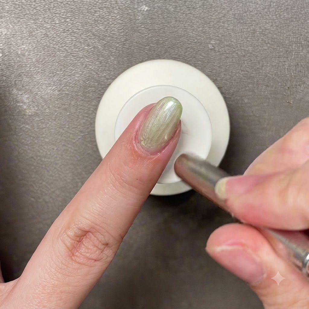 Un outil magnétique surplombant un ongle recouvert de gel vert clair pour façonner le reflet lumineux.