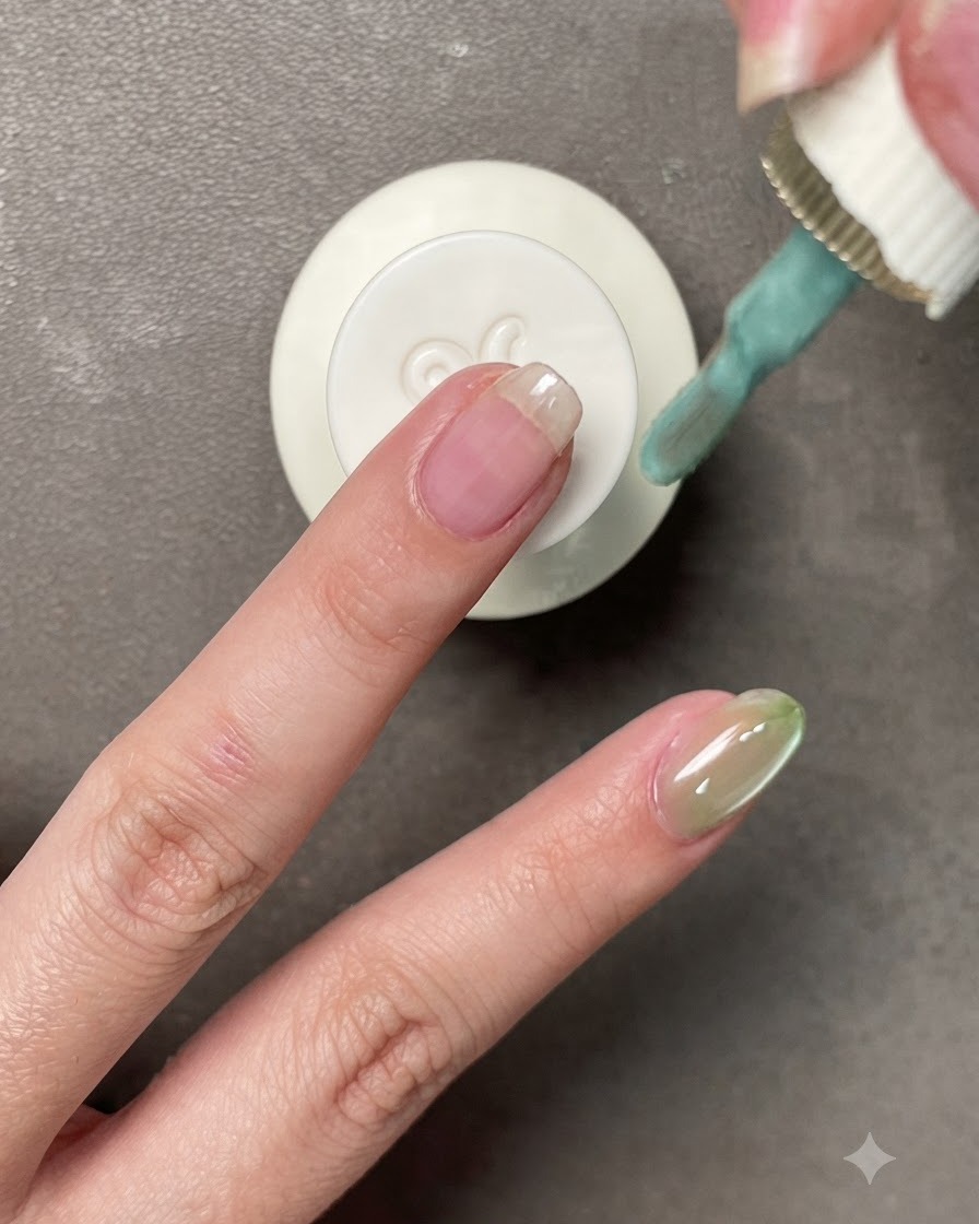 Un pinceau de vernis à ongles appliquant un gel vert sauge pâle sur un ongle.