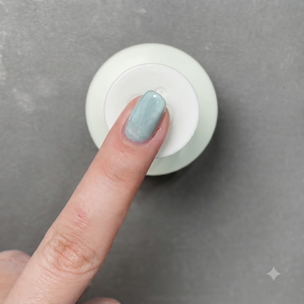 Un stylo aimanté positionné au-dessus dun ongle en gel vert sauge pour concentrer la ligne de reflets.