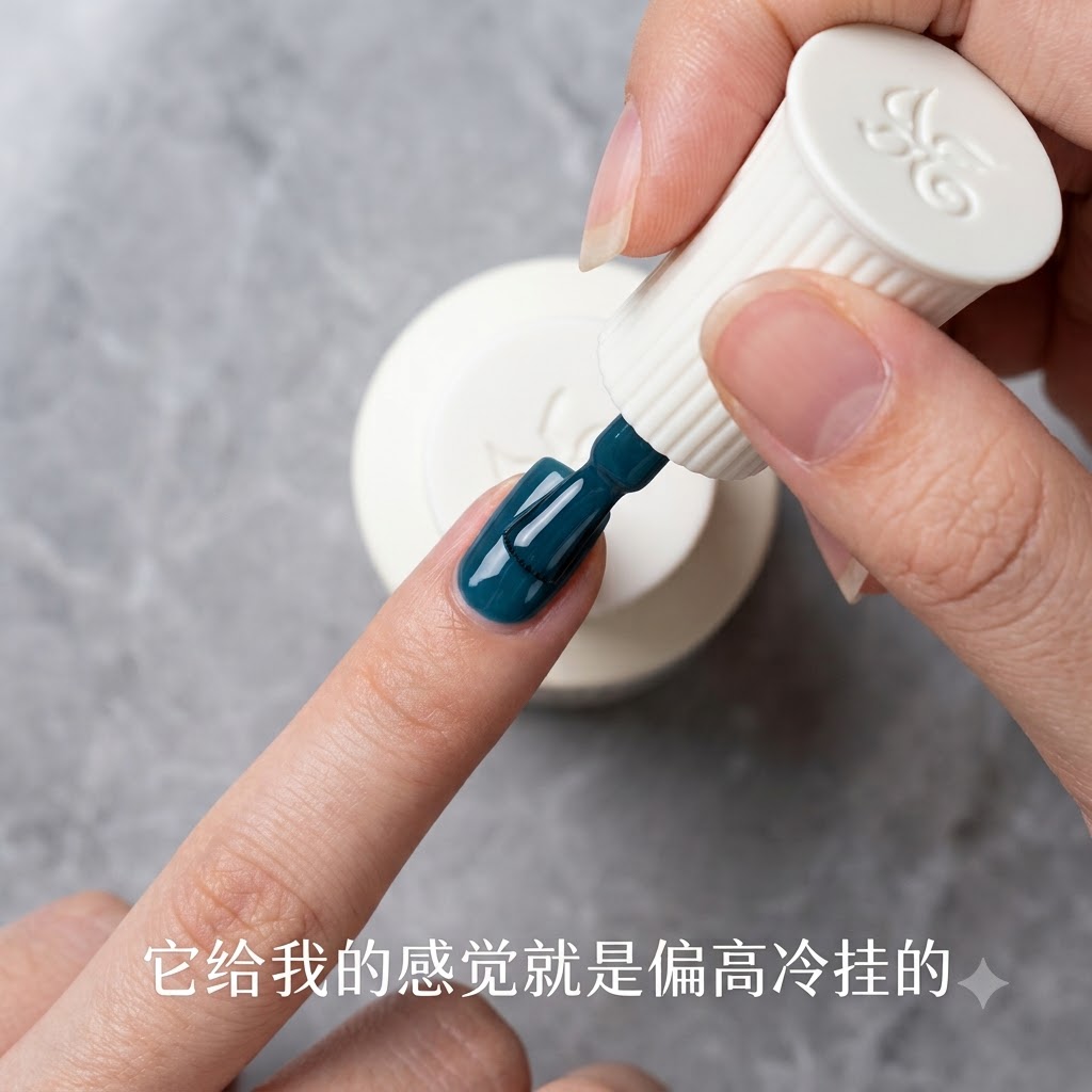Un stylo aimanté dessinant une strie lumineuse brillante sur un ongle en gel gris-bleu.