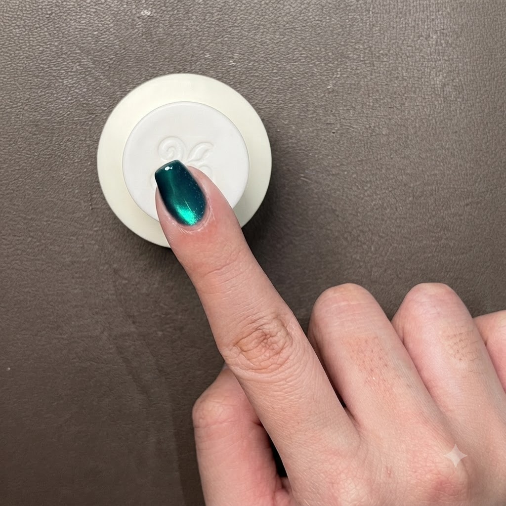 Gros plan sur un doigt avec un gel œil de chat vert métallique foncé, montrant un reflet lumineux circulaire en perle de verre.